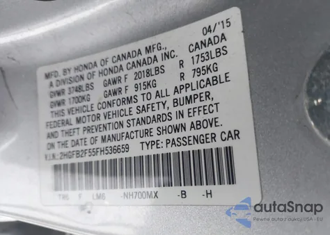 2015 Honda Civic Lx from USA, damaged, VIN 2HGFB2F55FH536659